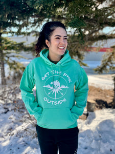 cool mint unisex hoodie with white be bold get the f outside logo. gtf outside. gtfo. ladies. men. logo with bear mountains trees and compass.