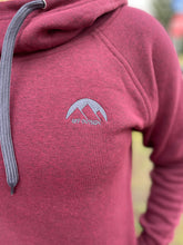 Load image into Gallery viewer, burgundy ladies hoodie with cowl neck. embroidered gtf outside logo with sun and mountains. gtf outside. gtfo.
