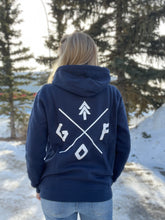 Load image into Gallery viewer, navy blue masked hoodie with white gtfo logo. mask hoodie. gtf outside. ladies. men. unisex.
