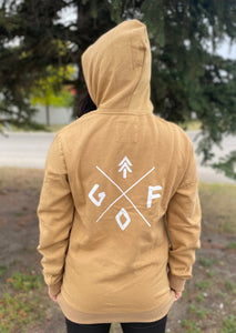 sand tan unisex hoodie with white gtfo logo. gtf outside. ladies. men.