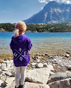 youth purple hoodie with white gtfo logo. gtf outside. kids.