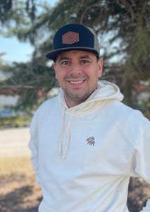 earth friendly cream unisex hoodie with embroidered grizz logo. gtf outside. gtfo. ladies. men.
