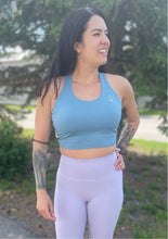 Load image into Gallery viewer, light blue sports bra top. ladies athletic top. gtf outside. gtfo.
