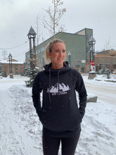 Load image into Gallery viewer, ladies fitted charcoal grey hoodie with finger holes and cowl neck. white gtf outside logo. gtfo. logo with bear and mountains. oversized hood.
