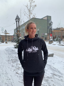 ladies fitted charcoal grey hoodie with finger holes and cowl neck. white gtf outside logo. gtfo. logo with bear and mountains. oversized hood.