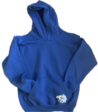 Load image into Gallery viewer, youth hoodie, youth blue hoodie, hoodie with bear, gtfoutside. kids. gtfo.
