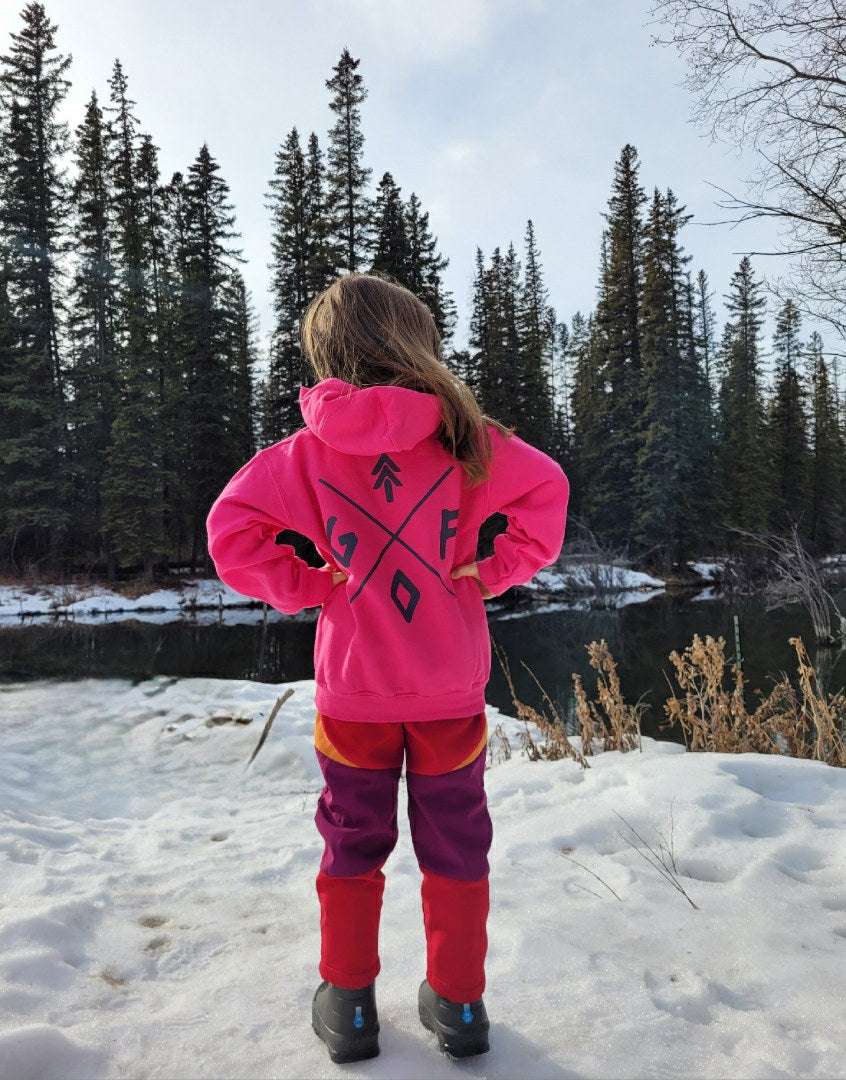 youth pink hoodie with black gtfo logo. gtf outside. kids.