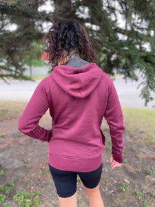 burgundy ladies hoodie with cowl neck. embroidered gtf outside logo with sun and mountains. gtf outside. gtfo. thumbholes. oversized hood