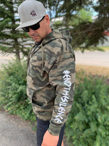 unisex camo zip up hoodie with #endthesilence logo. gtf outside. gtfo. ladies. men