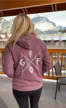 Load image into Gallery viewer, heather maroon unisex hoodie with white gtfo logo. gtf outside. ladies. men.
