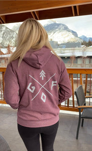 heather maroon unisex hoodie with white gtfo logo. gtf outside. ladies. men.