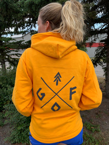 gold unisex hoodie with grey gtfo logo, yellow hoodie, gtf outside. ladies. men