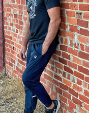 Load image into Gallery viewer, mens navy joggers with reflective details and gtfo logo. gtf outside. ladies. unisex.
