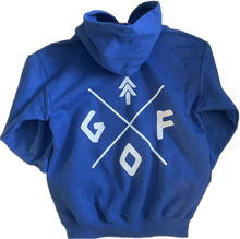 Load image into Gallery viewer, youth blue hoodie with gtfo logo. gtf outside. kids.

