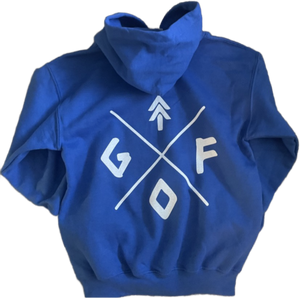 youth blue hoodie with gtfo logo. gtf outside. kids.