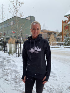 ladies fitted charcoal grey hoodie with finger holes and cowl neck. white gtf outside logo. gtfo. logo with bear and mountains. oversized hood.