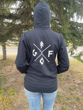 Load image into Gallery viewer, black unisex hoodie with white gtfo logo. gtf outside. ladies. men.
