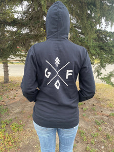 black unisex hoodie with white gtfo logo. gtf outside. ladies. men.
