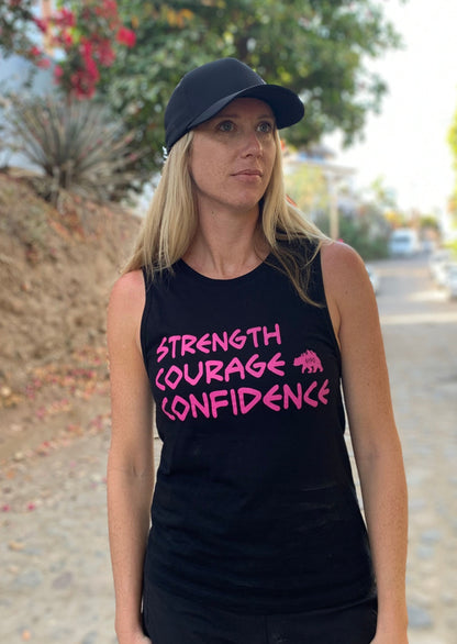 ladies black tank top with bright pink logo strength courage confidence. gtf outside. gtfo.