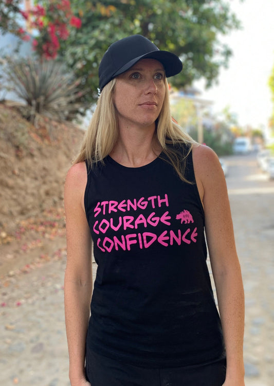 ladies black tank top with bright pink logo strength courage confidence. gtf outside. gtfo.