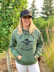 army green hoodie, gtf ouside, bear with compass, get the f**K outside. gtfo. ladies. men. unisex.